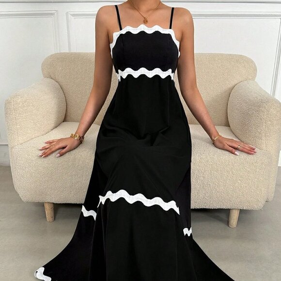 Black Boho Womens Color Block Woven Strap Splice Sleeveless Dress - Picture 5 of 5